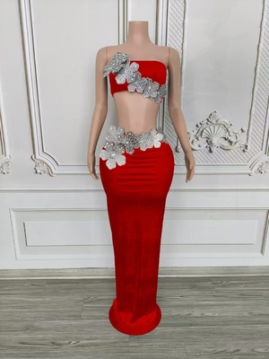 7-Day Fast Sample AD2452 Elegant 2-Piece Dress Set for Women Featuring Velvet Material and Crystal Flower Design