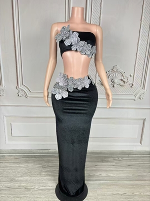 7-Day Fast Sample AD2452 Elegant 2-Piece Dress Set for Women Featuring Velvet Material and Crystal Flower Design