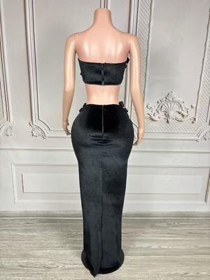 7-Day Fast Sample AD2452 Elegant 2-Piece Dress Set for Women Featuring Velvet Material and Crystal Flower Design