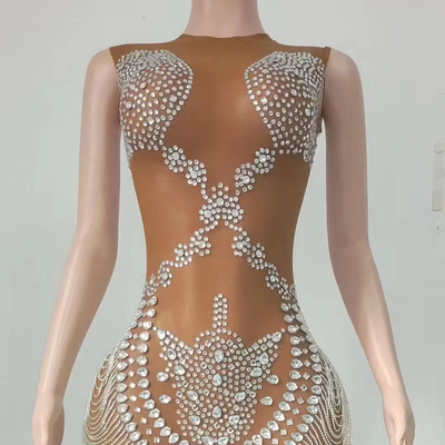 7-Day Fast Sampling AD2061 Luxury Performance Sleeveless Rhinestone Dress for Women Elegant Mesh Mini Dress Evening Gown