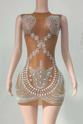 7-Day Fast Sampling AD2061 Luxury Performance Sleeveless Rhinestone Dress for Women Elegant Mesh Mini Dress Evening Gown