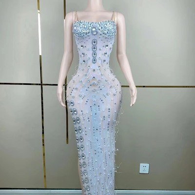 Kimsheinfashion AD1906 Gorgeous Performance Costume with Dazzling Rhinestones and High Slit Detail