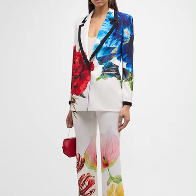 SR2321 Women's Elegant Floral Print Suit Set Slim Fit Blazer and Flared Trousers Perfect for Any Business Event