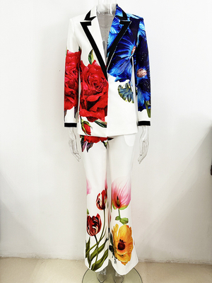 SR2321 Women's Elegant Floral Print Suit Set Slim Fit Blazer and Flared Trousers Perfect for Any Business Event