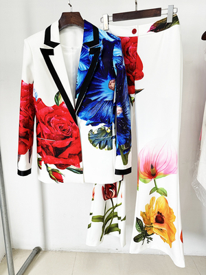 SR2321 Women's Elegant Floral Print Suit Set Slim Fit Blazer and Flared Trousers Perfect for Any Business Event