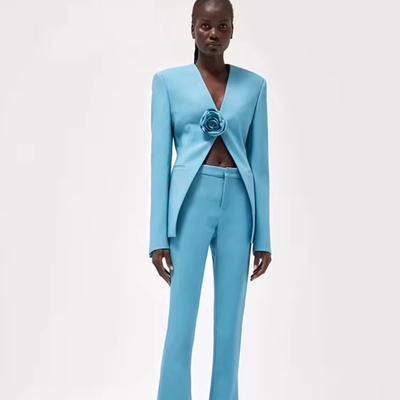 Kimshein Solid Deep V-Neck Long Sleeve Blue Suit Jacket and Pants 2 Piece Set for Women