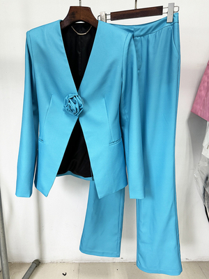 Kimshein Solid Deep V-Neck Long Sleeve Blue Suit Jacket and Pants 2 Piece Set for Women