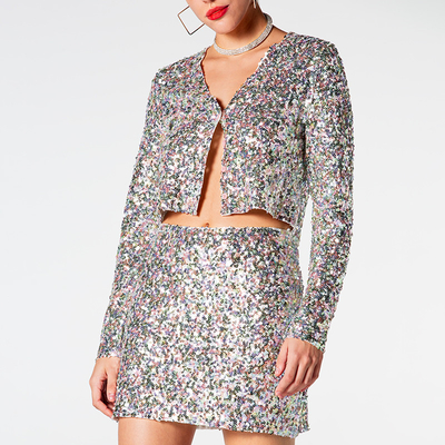 Kimshein CC2225 Fashion Sequin Dress for Women Elegant Party Shorts Set Sexy Club Two-Piece in Knee Length and Picture Color