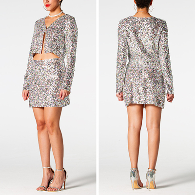 Kimshein CC2225 Fashion Sequin Dress for Women Elegant Party Shorts Set Sexy Club Two-Piece in Knee Length and Picture Color