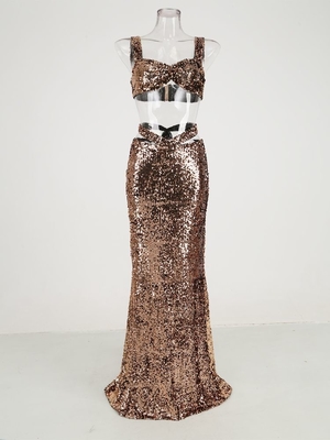 Eco-Friendly Loose Powder Design SS2263 Luxury Fashion Women's Evening Gown with Stunning Sequin Two-Piece Dress