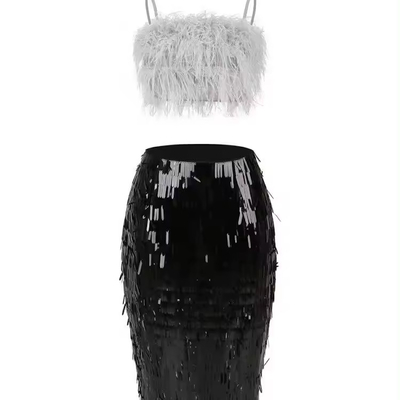 Tight-Fitting Style SS2256 Two-Piece Set for Women Featuring Feather Top and Shimmering Skirt in XS-L Sizes