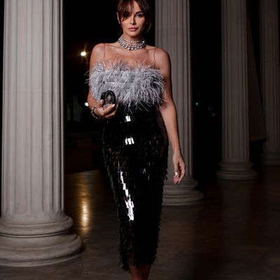 Tight-Fitting Style SS2256 Two-Piece Set for Women Featuring Feather Top and Shimmering Skirt in XS-L Sizes