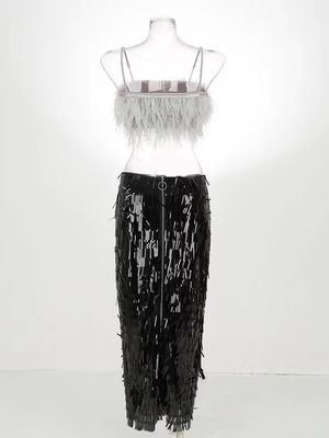 Tight-Fitting Style SS2256 Two-Piece Set for Women Featuring Feather Top and Shimmering Skirt in XS-L Sizes