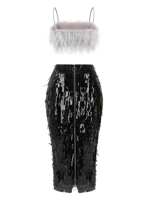 Tight-Fitting Style SS2256 Two-Piece Set for Women Featuring Feather Top and Shimmering Skirt in XS-L Sizes