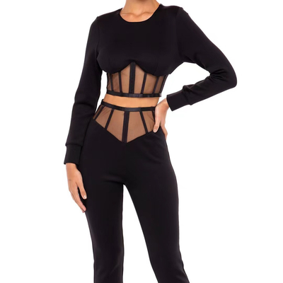 Customizable Logo Accepted SS2248 Tight Chest Bodysuit Set Long-Sleeved Top and Pants Black Women's Two-Piece Set