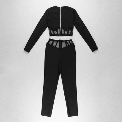 Customizable Logo Accepted SS2248 Tight Chest Bodysuit Set Long-Sleeved Top and Pants Black Women's Two-Piece Set