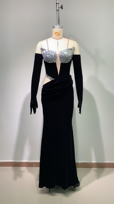 Digital Printing Logo Customized ED2675 Women's Elegant Velvet Sequin Evening Dress with Natural Waistline and Long Skirt