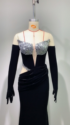 Digital Printing Logo Customized ED2675 Women's Elegant Velvet Sequin Evening Dress with Natural Waistline and Long Skirt
