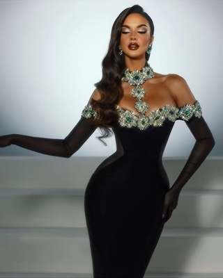Women's Fashionable Crystal Dress with Band Sleeves and Stretch Fabric