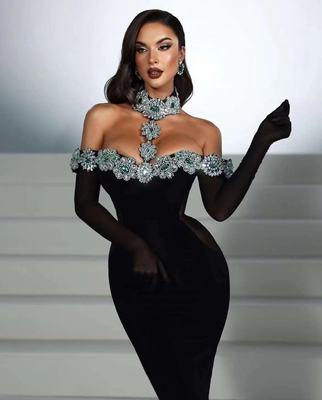 Women's Fashionable Crystal Dress with Band Sleeves and Stretch Fabric