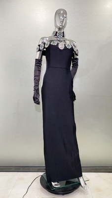 Women's Fashionable Crystal Dress with Band Sleeves and Stretch Fabric