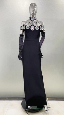 Women's Fashionable Crystal Dress with Band Sleeves and Stretch Fabric