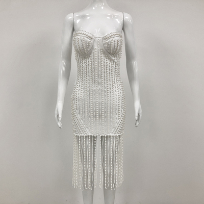 ED2677 Kimshein Trend Women's Mini Pearl Fringe Evening Dress Woven with Polyester/Cotton Material