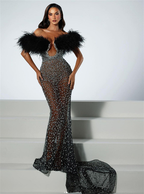 Custom Logo Position ED2678 Elegant and Luxurious Long Feather Gown Evening Dress for Women in Polyester/Cotton Material