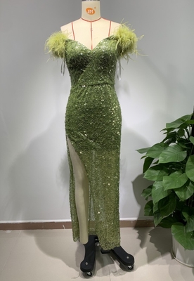 Knitted Crafted ED2642 Green Sequin Luxury Evening Dress Off-Shoulder Feather Dress for Women's Nightclub 1 pc/opp bag
