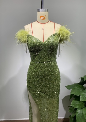 Knitted Crafted ED2642 Green Sequin Luxury Evening Dress Off-Shoulder Feather Dress for Women's Nightclub 1 pc/opp bag