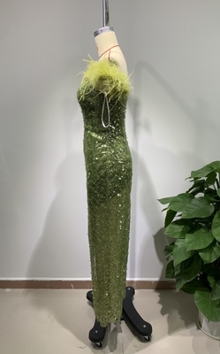 Knitted Crafted ED2642 Green Sequin Luxury Evening Dress Off-Shoulder Feather Dress for Women's Nightclub 1 pc/opp bag