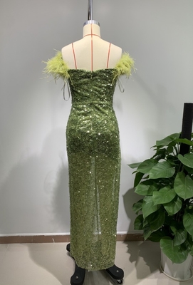 Knitted Crafted ED2642 Green Sequin Luxury Evening Dress Off-Shoulder Feather Dress for Women's Nightclub 1 pc/opp bag