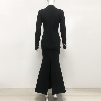 Full Sleeve LS2604 Elegant Sexy Formal Party Dress with Diamonds Floor-Length Tight-Fitting Bandage Women's Bodycon Dress