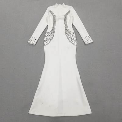 Full Sleeve LS2604 Elegant Sexy Formal Party Dress with Diamonds Floor-Length Tight-Fitting Bandage Women's Bodycon Dress