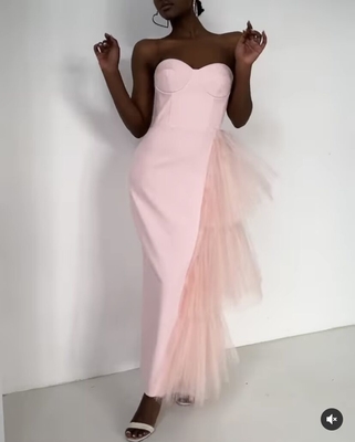 Elegant Party Evening Gown BY1380 Summer Lace Decorated Mesh Strapless Bridesmaid Dress with Lace Detail