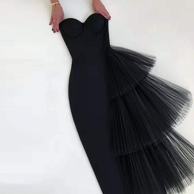 Elegant Party Evening Gown BY1380 Summer Lace Decorated Mesh Strapless Bridesmaid Dress with Lace Detail