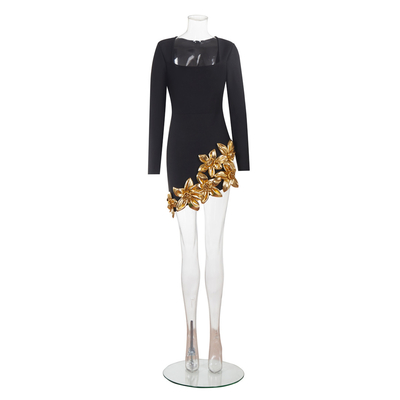 LS2602 Fashionable Women's Sexy Black Mini Party Dress with Long Sleeves and Elegant Gold Floral Bandage Skirt LS2602