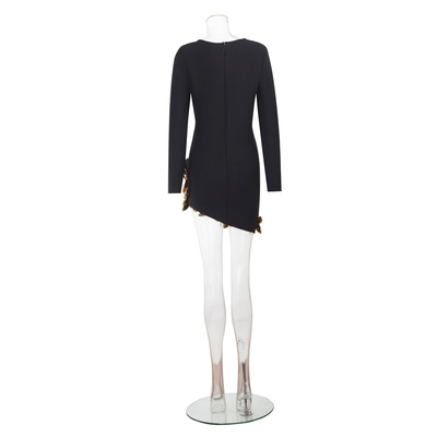 LS2602 Fashionable Women's Sexy Black Mini Party Dress with Long Sleeves and Elegant Gold Floral Bandage Skirt LS2602