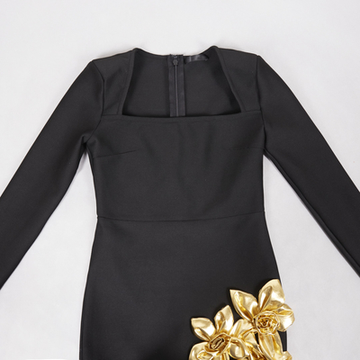 LS2602 Fashionable Women's Sexy Black Mini Party Dress with Long Sleeves and Elegant Gold Floral Bandage Skirt LS2602