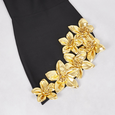 LS2602 Fashionable Women's Sexy Black Mini Party Dress with Long Sleeves and Elegant Gold Floral Bandage Skirt LS2602