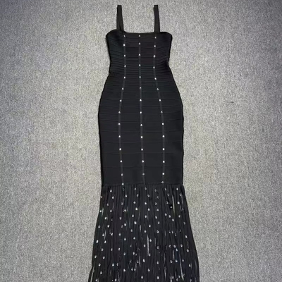 SB3319 Women's Sleeveless Fringed Bodycon Dress with Tassel and Crystal Bandage in Woven Manufacturing