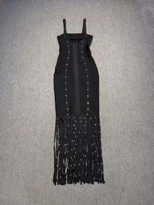 SB3319 Women's Sleeveless Fringed Bodycon Dress with Tassel and Crystal Bandage in Woven Manufacturing
