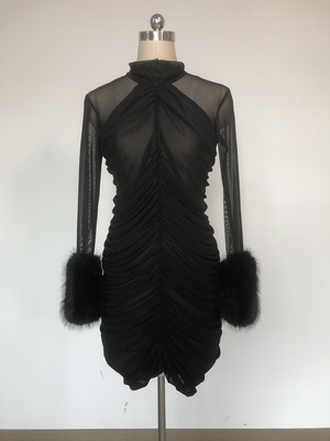 LS2600 Spring Summer Long Sleeve Pleated Round Neck Birthday Dress Women's Fashion Feather Dress for All Seasons