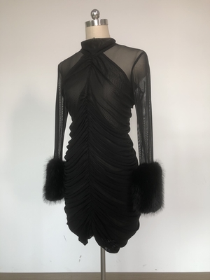 LS2600 Spring Summer Long Sleeve Pleated Round Neck Birthday Dress Women's Fashion Feather Dress for All Seasons