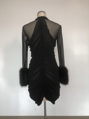 LS2600 Spring Summer Long Sleeve Pleated Round Neck Birthday Dress Women's Fashion Feather Dress for All Seasons
