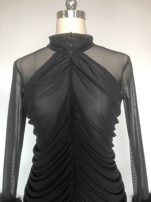 LS2600 Spring Summer Long Sleeve Pleated Round Neck Birthday Dress Women's Fashion Feather Dress for All Seasons