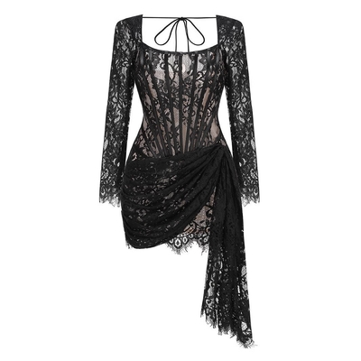 LS2535 Women's Fashion Long Sleeve Wedding Dress Bride Mini Lace Sexy Dress Woven Technique Skill Method