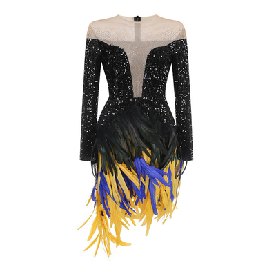 LS2605 Black Sequin Sexy Shiny Long Sleeve Beaded Party Feather Mini Dress for Women in A-Line Manufacturing