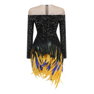 LS2605 Black Sequin Sexy Shiny Long Sleeve Beaded Party Feather Mini Dress for Women in A-Line Manufacturing