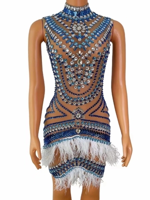 Women's Sexy High Neck Sleeveless Midi Beaded Dress with Diamond and Crystal Feather Design featuring Beaded Craftsmanship